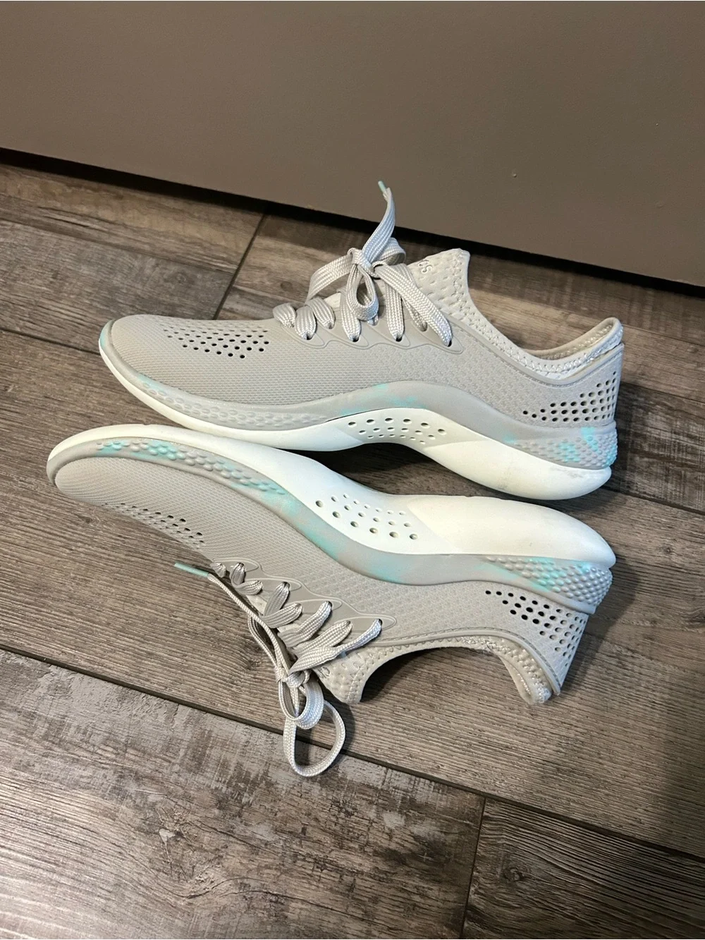 grey and marbled aqua Crocs LiteRide 360 Pacer sneakers